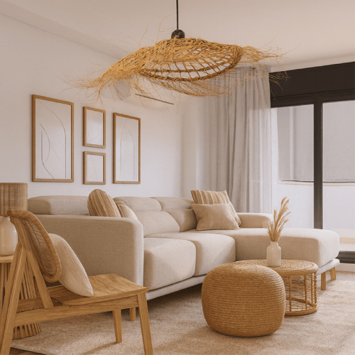 Lâmpada de esparto com buracos e franjas